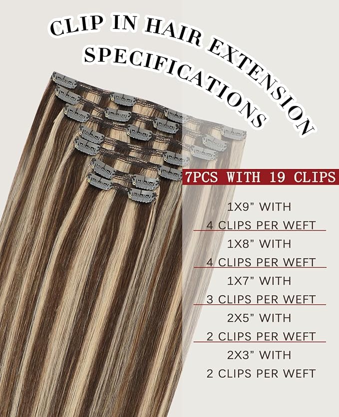 Clip in Hair Extensions Real Human Hair Straight Hair Extensions Real Human Hair Clip ins Chocolate Brown Highlighted Caramel Blonde in Extensions for Women 22inch 7Pcs 160g(#4P27-22inch)