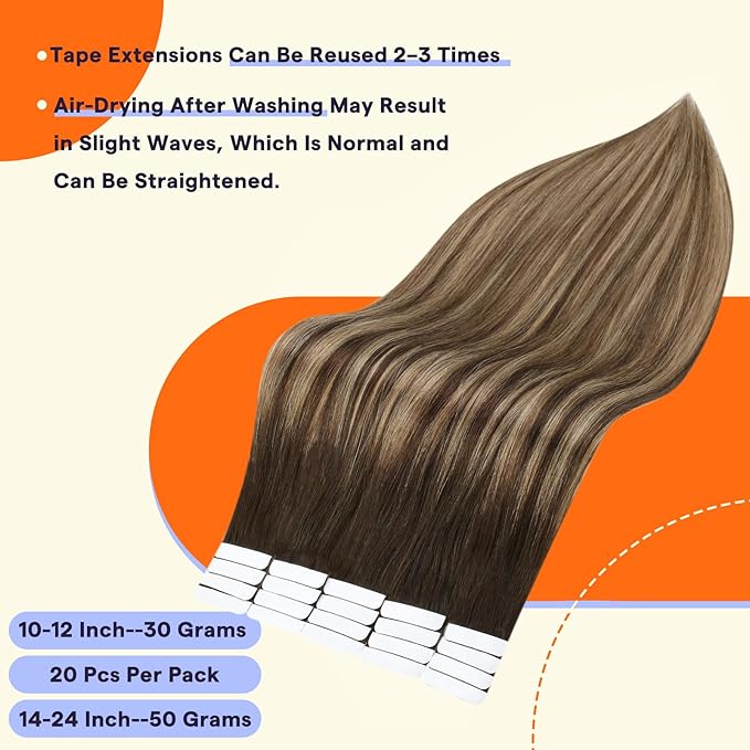 Full Shine Human Hair Extensions Tape in 16 Inch Seamless Tape Extensions Human Hair Color 2 Fading to 3 Brown and 27 Blonde Invisible Remy Extensions 20PCS Tape Ins Human Hair Extensions 50g