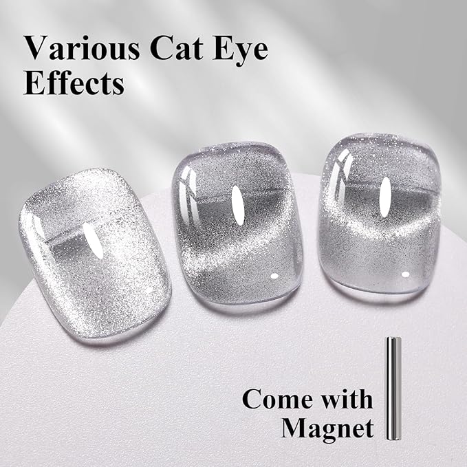 10ml Hema Free Silver Cat Eye Gel Nail Polish Soak Off Long Lasting Holographic UV/LED with Magnetic Stick Gift for Women 1Pcs