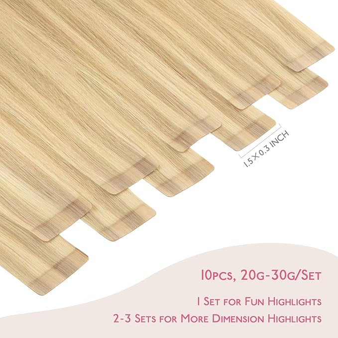 WENNALIFE Tape in Hair Extensions Human Hair Light Blonde Highlighted Golden Blonde Tape in Extensions, 10pcs 20g 12 inch Remy Invisible Tape Ins Straight Soft Real Human Hair Tape in Extensions