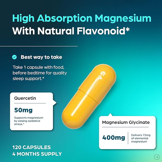 Magnesium Glycinate 400mg High Absorption Capsules with Quercetin | Quality Sleep, Relaxation & Muscle Health Supplement for Women and Men | Chelated Magnesium 120 Count (Pack of 3) | Easy to Swallow