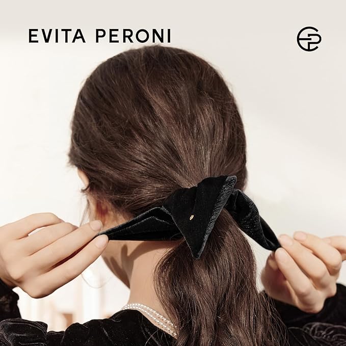 Evita Peroni Velvet Triangle Scrunchie for Women - Luxe Stretchy Hair Tie for Girls - Soft Polyester Spandex Hair Band - Winter Christmas Gift in Luxury Box (Black)