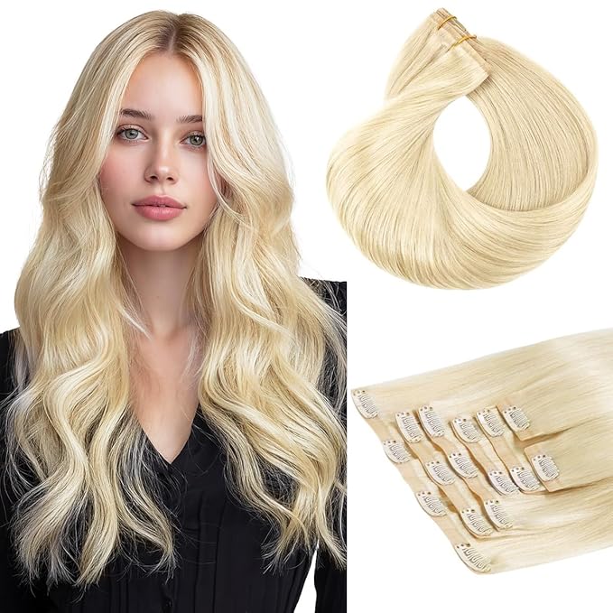 HOTBANANA Clip in Hair Extensions 14 inch 130g 7pcs Platinum Blonde Clip in Remy Human Hair Extensions Straight Hair Invisi Edge Clip Hair Full Head
