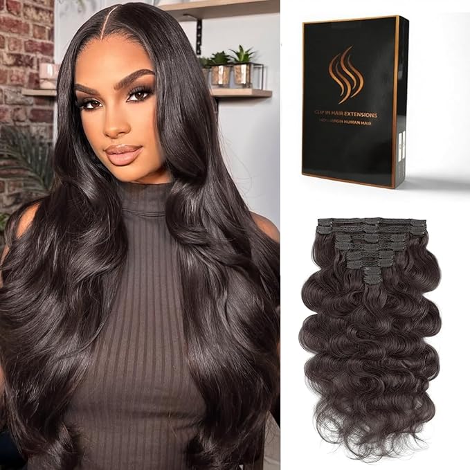 Clip in Hair Extensions Real Human Hair Body Wave 2 Dark Brown Clip in 100% Brazilian Remy Human Hair Extensions 8pcs Per Set with 18 Clips Double Weft 18 Inch 100g/3.6oz