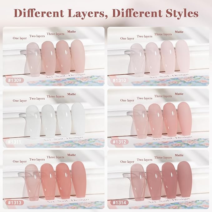 RARJSM Nude Jelly Gel Nail Polish Set Sheer Gray Pink Milky White Misty Roswood Pinkish Beige 6 Pcs Neutral Skin Tone Colors French Manicure Gelpolish Soak Off Curing Requires for Home Salon 7.5ml