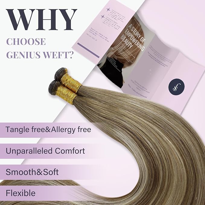 Fshine Genius Weft Hair Extensions Sew in Human Hair Color Chestnut Brown Fading to Platinum Blonde Genius Weft Hair Extensions for Women 24 Inch 60g