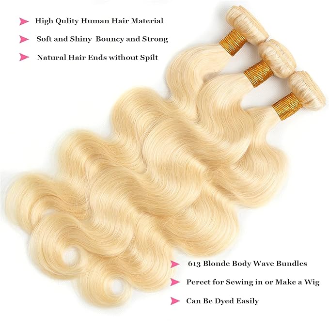 613 Bundles Human Hair 30 inch Blonde Body Wave Human Hair Bundles 100% Unprocessed Virgin Human Hair Extensions 12A Quick Weave Hair Bundles Double Weft
