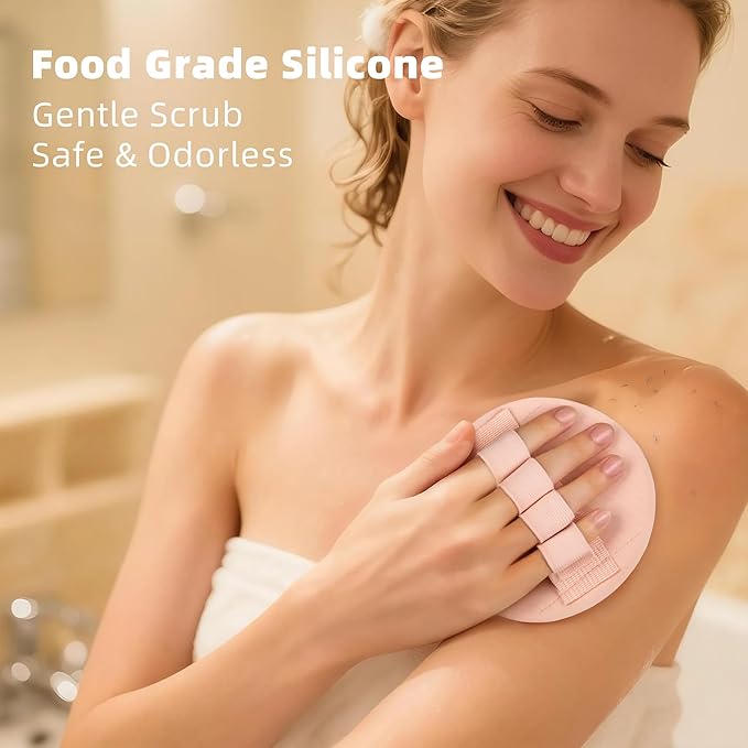 3-Pack Bath Scrubber Kit: 2 Silicone Exfoliating Pats & Double-Sided Long Handle Back Scrubber Bath Puff for Deep Cleansing. (Pink & Green & Pink)