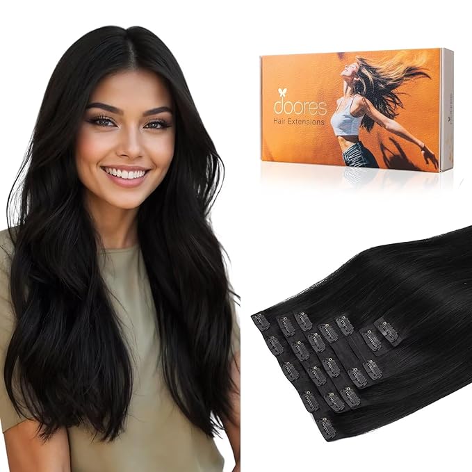 DOORES Clip in Hair Extensions Real Human Hair Invisible Edge, Jet Black 130g 7pcs 18 Inch Clip in Extensions, Natural Straight Weft for Women