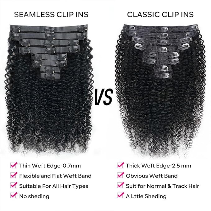 Seamless Curly Clip in Hair Extensions Real Human Hair Brazilian Virgin Human Hair Clip in Extensions 8Pcs Seamless Clip ins for Black Women with 18Clips PU Skin Weft 120g 24inch Natural Black