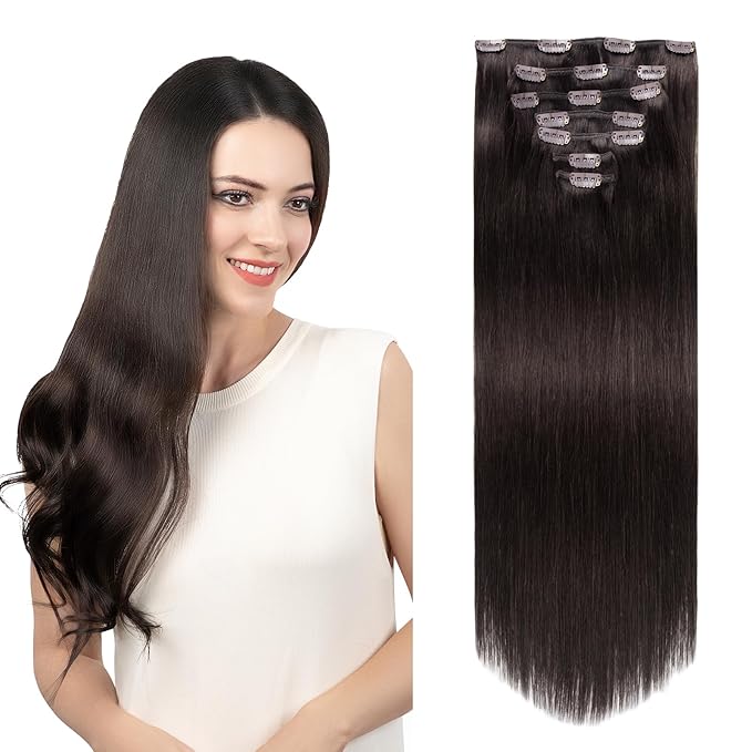 Clip in Hair Extensions Real Human Hair, Remy Human Hair Clip in Extensions for Long Hair, Dark Brown Straight Hair Extensions Add Volum add Length #2 18Inch 120G 7PCS
