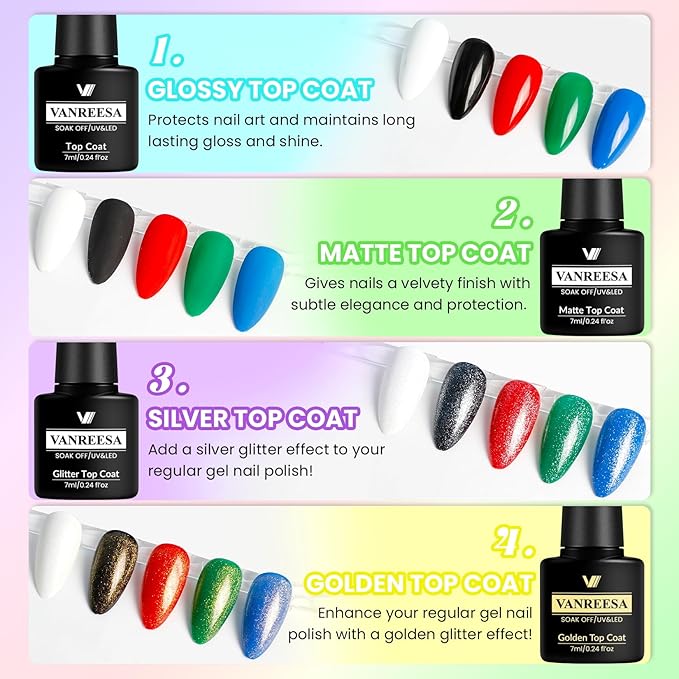 VANREESA 48 Pcs Gel Nail Polish Set 42 Colors Spring Summer Fall Winter Gel Polish with 2 Pcs Base Coat Glossy & Matte & Silver & Golden Top Coat Nail Kit Gifts for Women Girls Nail Art Salon at Home