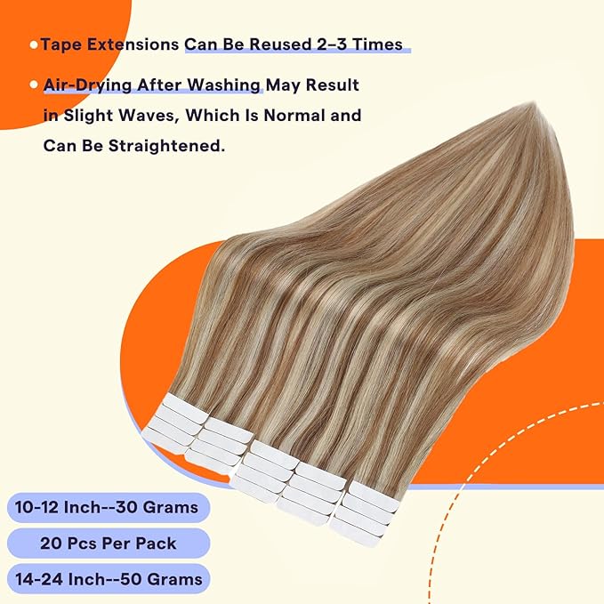 Full Shine Tape in Hair Extentions Human Hair 16 Inch Tape in Extentions Human Hair Color 10 Highlight 613 Bleach Blonde Seamless Remy Human Hair Extensions Tape ins 50g 20PCS for Party