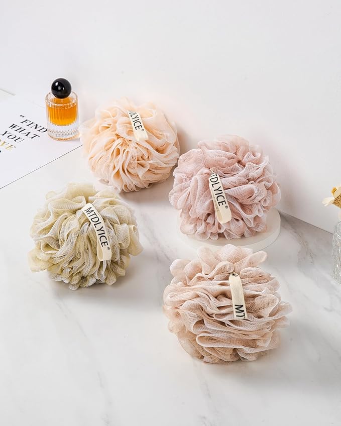 Loofah for Women, XL Large Loofah 75g 4 Pack, Bath Sponge Soft Mesh Shower, Body Scrubber, Bath Accessories Body wash Foaming (Pinkish Beige)