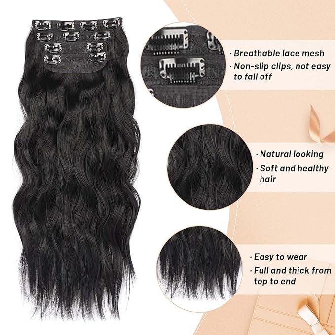 24 Inch Jet Black Hair Extensions Clip in Hair Extension 4 Pcs Long Wavy Synthetic Hair Extension Clip in Soft Hair Extensions Double Weft Hairpiece Full Head for Women (24INCH, 1B)