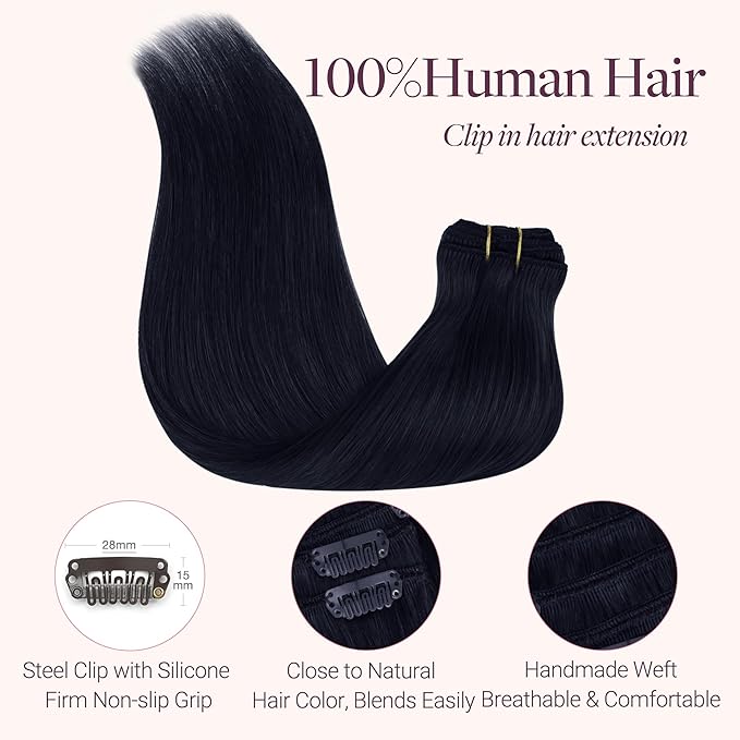 GOO GOO Clip in Hair Extensions Real Human Hair, Remy Human Hair Extensions Clip ins for Women, Natural Human Hair, 18inch 120g 7 Pcs, #1G Blue Black