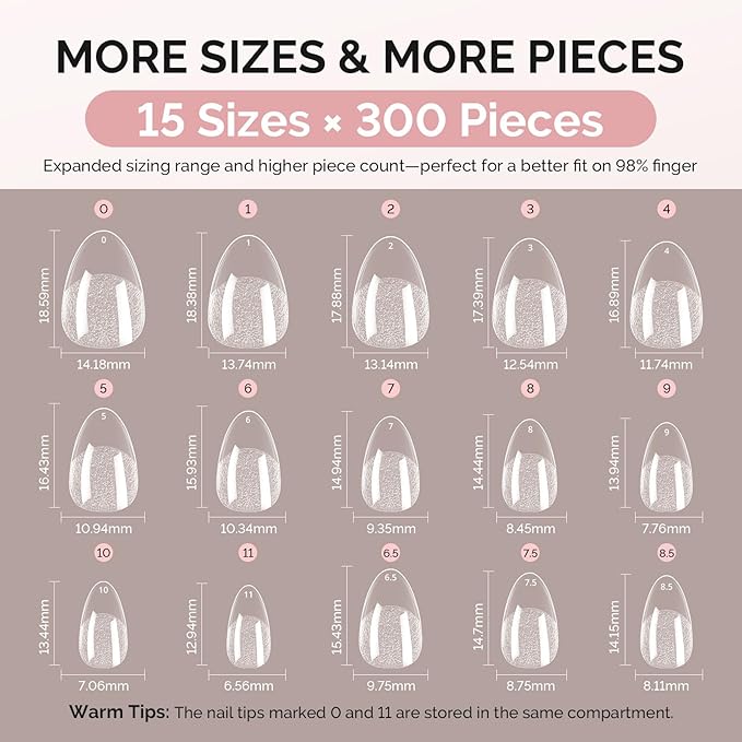 MelodySusie Extra Short Almond X Nail Tips - 300Pcs 15Sizes Clear Acrylic,Half Matte Full Cover Press on Nails for DIY Extension & Salon Use, Pre-Shaped for Long-Lasting Manicure