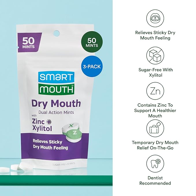 SmartMouth Dry Mouth Dual-Action Mints - Sugar-Free Breath Mints - 50 Count, 3 Pack, Mellow Mint