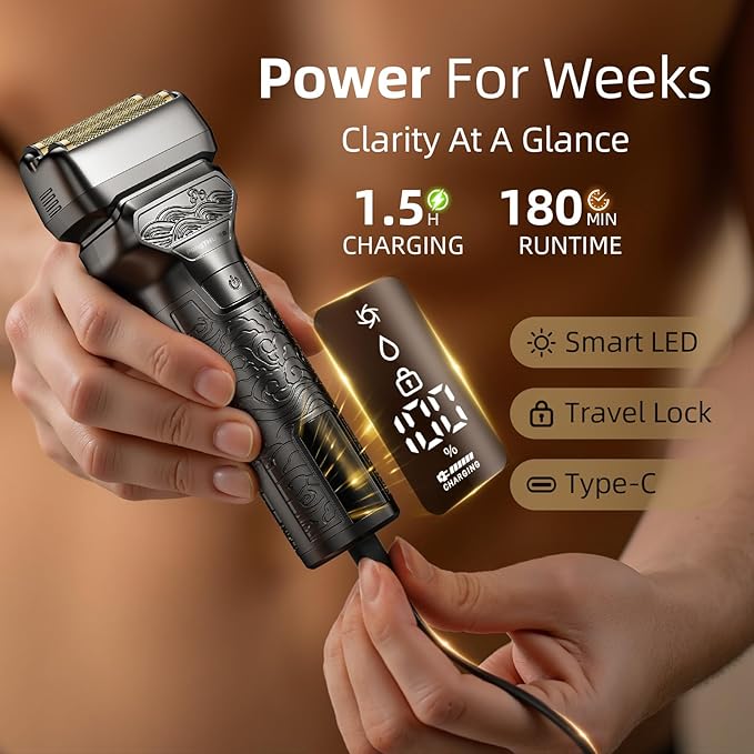 Electric Razor for Men Face: Rechargeable Foil Shaver with Push-Up Trimmer - Cordless Wet/Dry/Anti-Slip Waterproof Shavers with LED Display - Metal Handheld Design, Gray Silver Gift