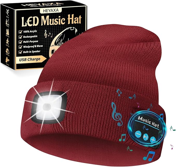 Bluetooth Beanie Hat, USB Rechargeable 4 LED Wireless Music Running Headlamp Cap, Gifts for Christmas, Stocking Stuffer & White Elephant Gifts for Men, Women, Him, Her, Teen Boys, Dad