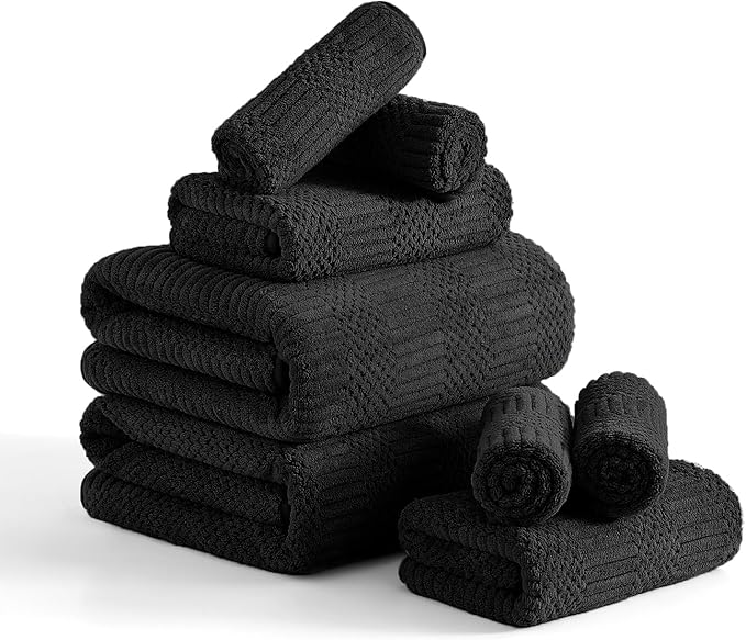 8 Piece Bath Towel Set-2 Oversized Bath Sheets(35"x70"),2 Hand Towels,4 Washcloths-Extra Large Microfiber Towel Sets,Less Lint Highly Absorbent & Quick Dry Bath Towels for Bathroom Gym Pool,Black