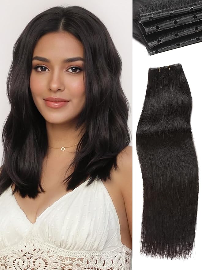 WIGNEE 100% Remy Double Weft Invisible PU OVO Human Hair Extensions 14 Inch Micro Beads Real Human Hair Extensions Natural Black Genius Hair Extensions Real Human Hair (1B)