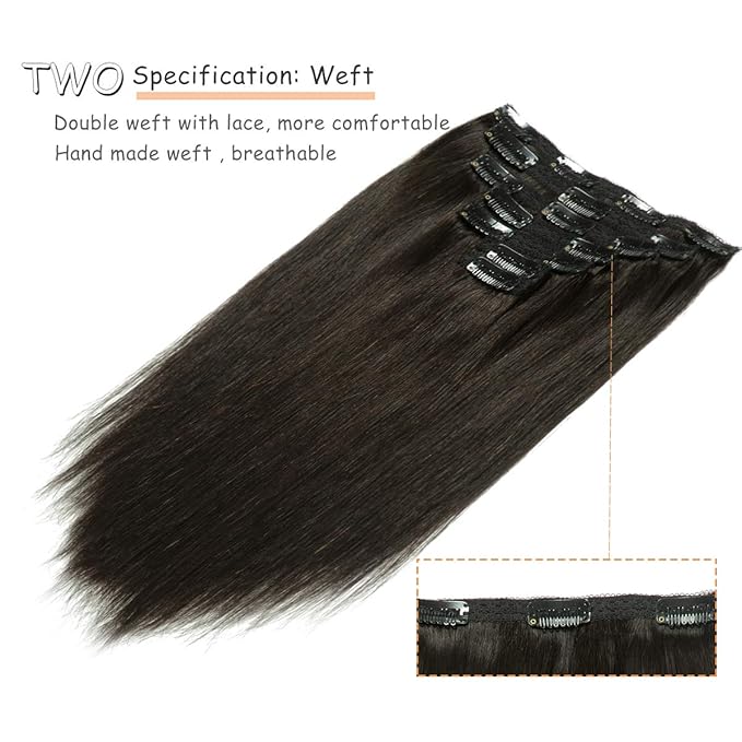 Caliee Clip in Hair Extensions Human Hair Color 1B Natural Black Real Hair Extensions Double Weft Lace Clip in Hair Extension Soft Silky 140G 7PCS 22Inch Straight Thick Hair