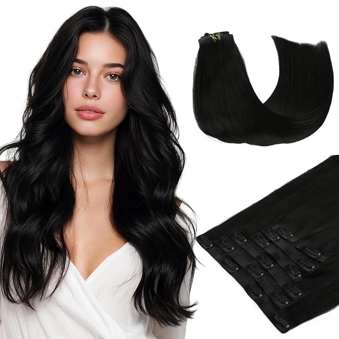 HOTBANANA Seamless Clip in Hair Extensions 16 inch 130g 7pcs Jet Black Clip in Remy Human Hair Extensions Straight Hair Invisible PU Skin Weft