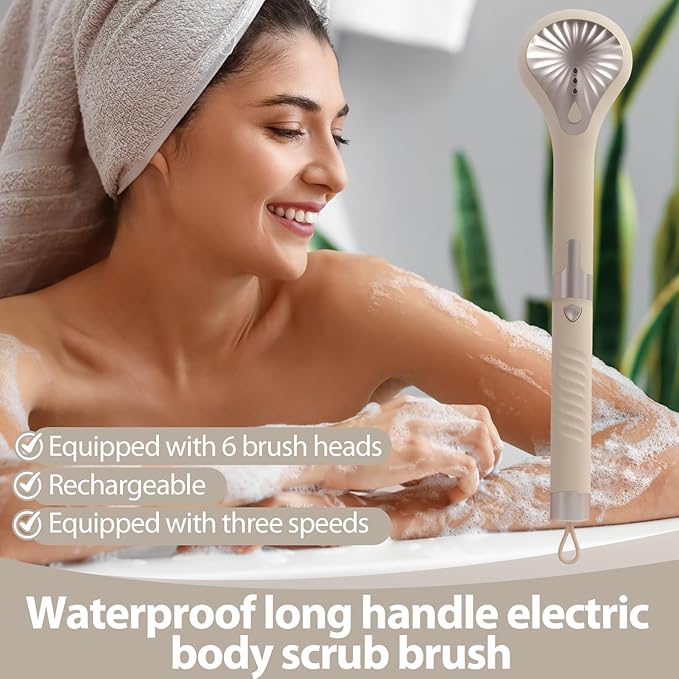 Electric Body Brush Back Scrubber for Shower, Waterproof Long Handle Power Body Scrubber with 6 Heads, Rechargeable Bath Brush & 3 Speeds, for Cleansing, Exfoliating and Massaging Skin (Yellow)