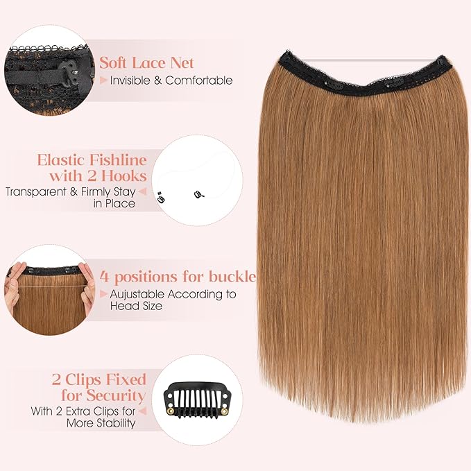 Hairro Wire Hair Extensions Human Hair, Fish Line Invisible Adjustable & Clips in Extensions Straight, 100% Real Hairpieces Seamless Blending for Women, 12 Inch 65g Light Brown