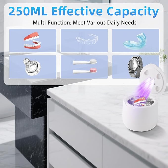 Ultrasonic Retainer Cleaner,42kHz Dental Cleaning Pod for Dentures, Braces, Mouth Guards, Night Guard, Toothbrush Heads, Jewelry, Aligner, UV Cleaner (White)