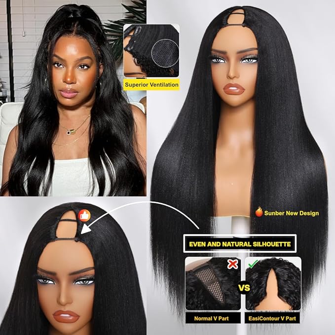 Sunber Yaki Straight V Part Human Hair Glueless Wig Upgrade U Part Wig No Leave Out Vpart light yaki straight Machine Made Clip In Half Wigs No Leave Out Real Scalp V Shape 150% Density 26Inch