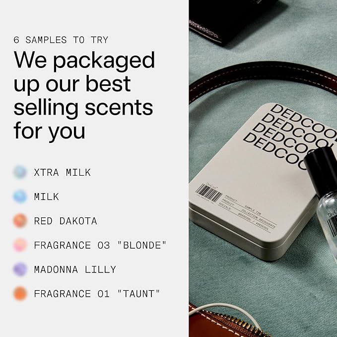 DedCool Sample Tin Luxury Fragrance Discovery Set | 6 Genderless Scents – Xtra Milk, Milk, Red Dakota, 01 Taunt, Madonna Lilly, 03 Blonde | Long Lasting, Vegan, Non-Toxic, Clean | Travel Size