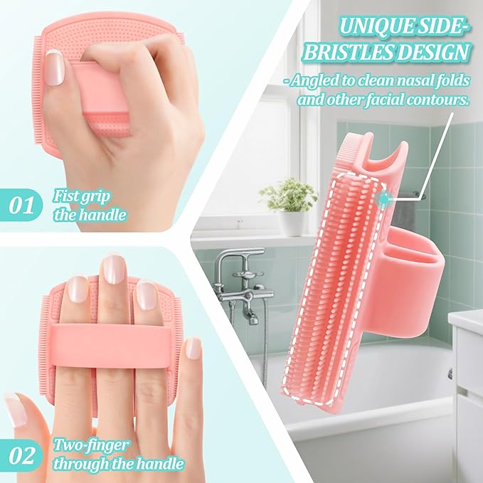 Silicone Back/Face Scrubber & Bath Glove Set 3PCS, Extendable Back Scrubber with Dual-Side Large Head, 360° Anti-Slip Bath Glove, Unique Side-Bristle Face Scrubber for All-Round Cleaning(Pink)
