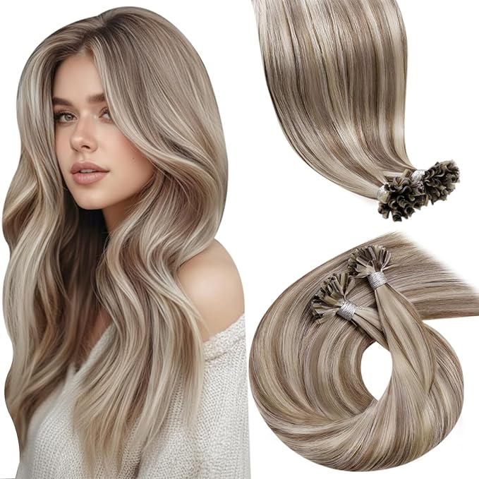 LaaVoo Utip Hair Extensions Human Hair Highlight Ash Brown with Light Blonde K Tip Hair Extensions 20 Inch Straight 50g/50s