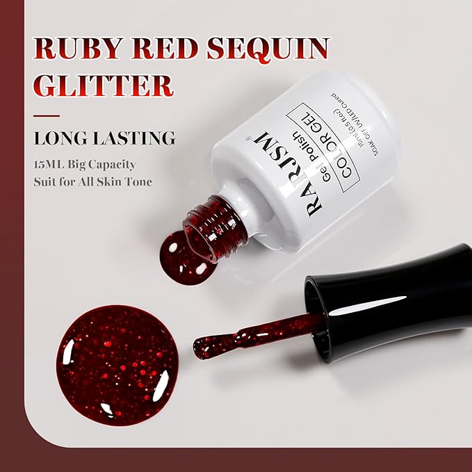 RARJSM Dark Ruby Red Sequin Glitter Gel Nail Polish Big Flakes Shiny Diamond Sparkly Chunky Silver Shimmer Pigments Gelpolish Soak off Curing Required for Nail Art Salon Manicure