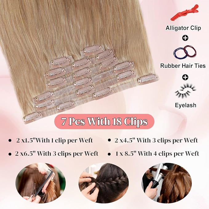 Seamless Clip in Hair Extensions Real Human Hair For Women 125g 20 Inch Light Blonde Invisible PU Skin Weft Remy Human Hair Extensions clip ins 7Pcs 18 Clips