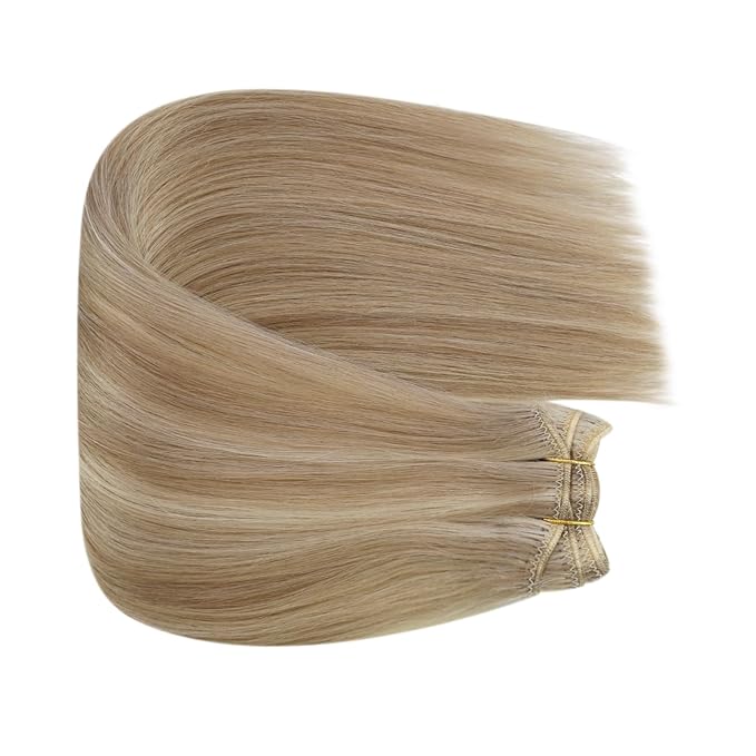 Fshine Weft Hair Extensions Human Hair 20 Inch 100 Gram Highlight Dark Ash Blonde with Golden Blonde Sew in Real Human Straight Bundle One Piece