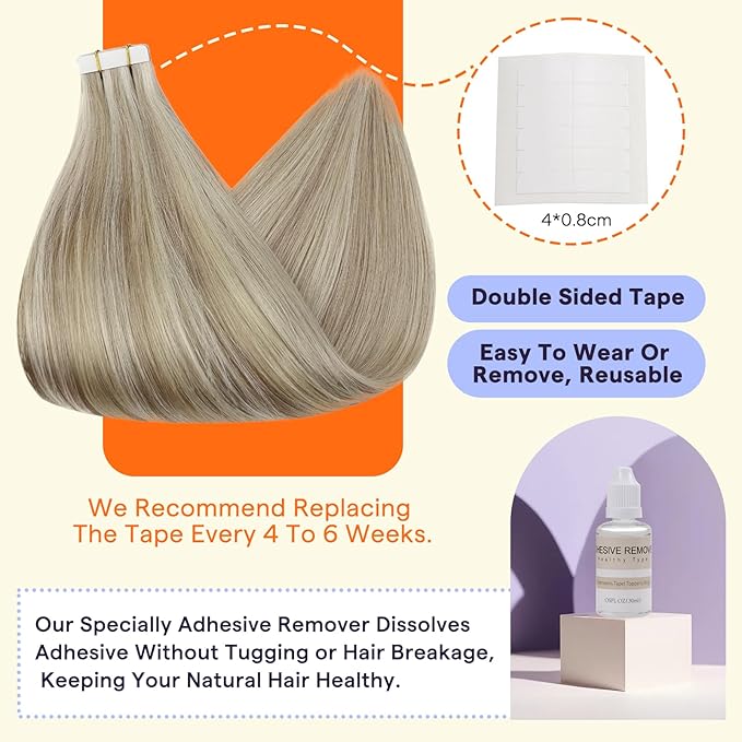 Full Shine Tape in Hair Extensions Human Hair 18 Ash Blonde Highlight 613 Blonde Double Sided Tape Extensions 12 Inch Invisible Straight Hair Extensions Tape Ins 30G 20Pcs Extensions for Women