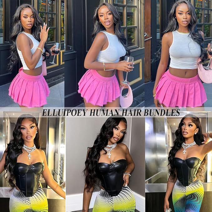 Body Wave Bundles Human Hair 12A Human Hair Bundles 100% Unprocessed Brazilian Virgin Hair 3 Bundle Weave Extensions Real Human Hair Natural Black Color 24 26 28 Inch