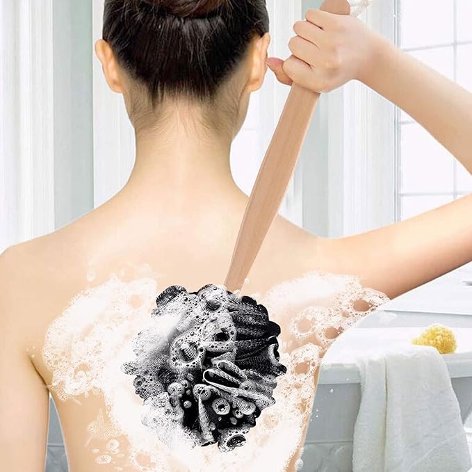 Loofah on a Stick, Loofah with Handle, Back Sponge with Handle, PE Soft Mesh Luffas, Shower Brush for Body, Exfoliating Luffa for Men and Women