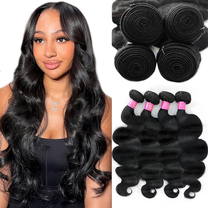 12A Body Wave Bundles Human Hair 4 Bundles 100% Unprocessed Brazilian Virgin Body Wave 16 18 20 22 Inch Weave Wavy Human Hair Bundles Natural Black