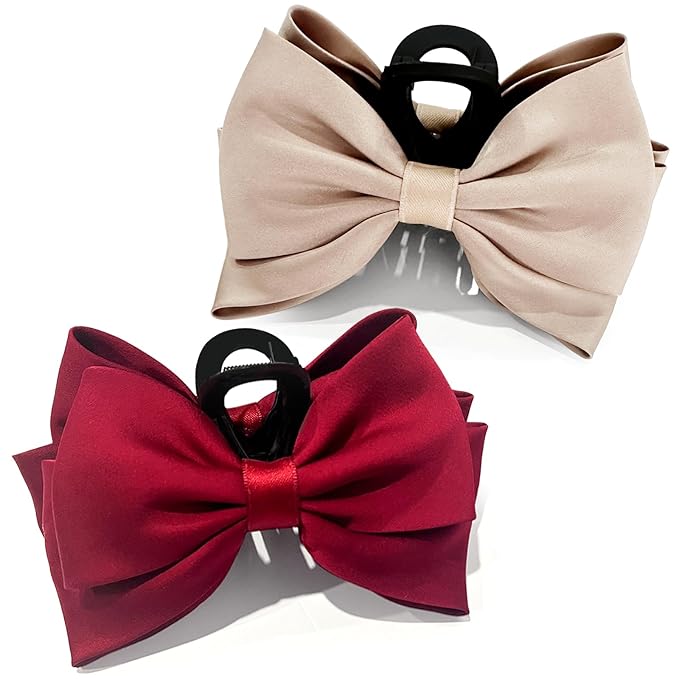 Bow Claw Clip,StrongHold Cute Bow Hair Claw Clips for Women Girls,Nonslip Silky Big Hair Bows Ribbons for Hair Claws,Large Claw Clips for Thick/Thin Hair Styling Accessories Gifts (red,champagne)