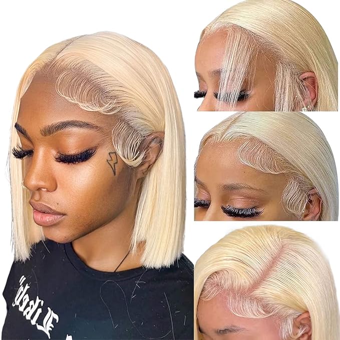 Blonde Bob Wig Human Hair 13X4 613 Bob Wig Transparent HD Lace Front Wig Human Hair Middle Part Straight Bob Wig Pre Plucked 210% Density with Baby Hair（12inch）