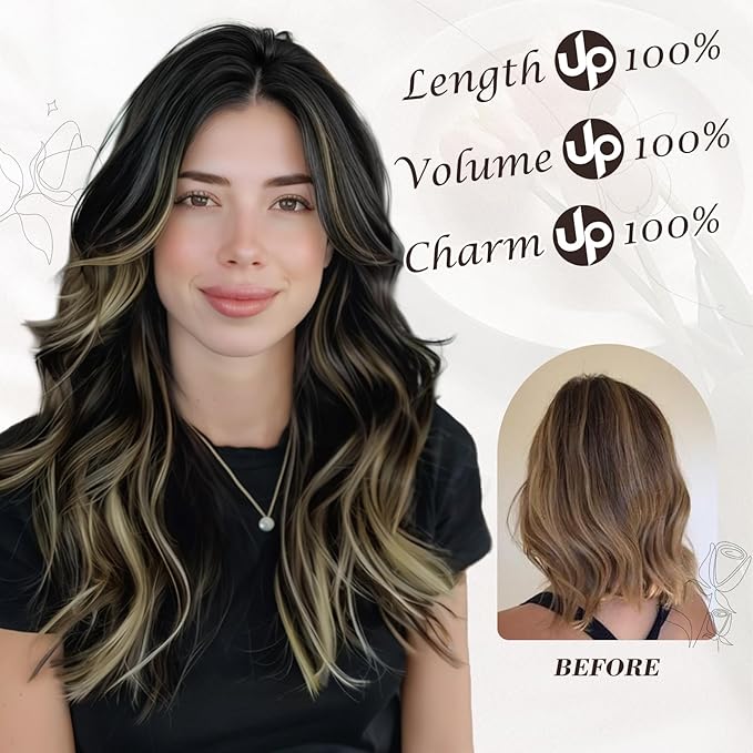 BARSDAR Black with Blonde Highlight Wavy Clip in Hair Extensions - Beach Wavy Clip in Hair Extensions for Women - 16 Inch 6 PCS Thick Soft Synthetic Highlights Hairpieces Daily Party Halloween