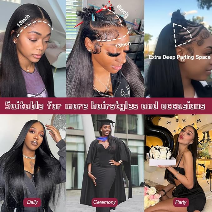 250 Density Straight Lace Front Wigs Human Hair 13x6 Full Lace Frontal Wigs 12A Brazilian Virgin Human Hair Wigs Extra Deep Parting Full Large Lace Wigs for Black Women #1B 16Inch