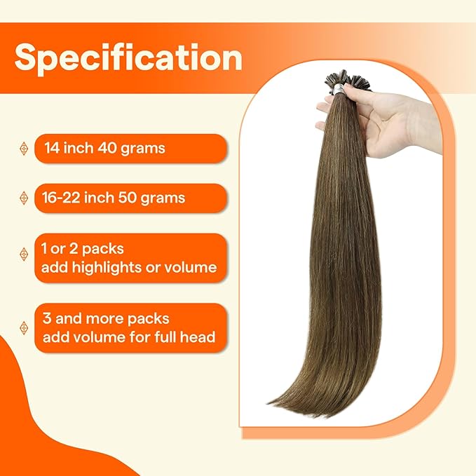Full Shine K Tip Hair Extensions Real Human Hair Color 4 Medium Brown 18 Inch Long Straight Utip Extensions 50 Grams Glue in Hair Extensions Remy Hair