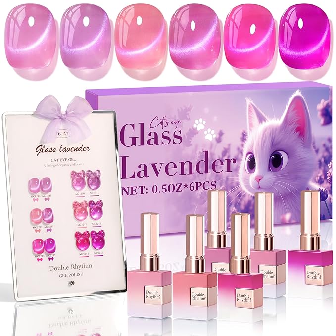 Double Rhythm Cat Eye Gel Nail Polish Set of 6 Same Color Same Bottle 0.5 Oz Shimmer Glitter with Magnet Holographic Reflective Magnetic UV Polish Kit at Home (Glass Purple Lavender -T6-47)