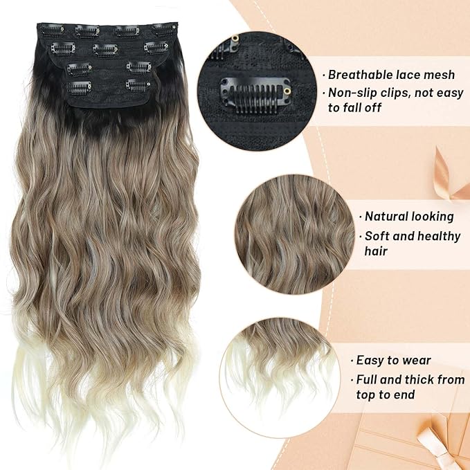 20 Inch Clip in Hair Extensions 4PCS Long Wavy Curly Hair Extensions Thick Hairpieces for Women Synthetic Hair Extension Clip ins Double Weft Hairpieces Full Head for Women (T27/613, 20INCH)