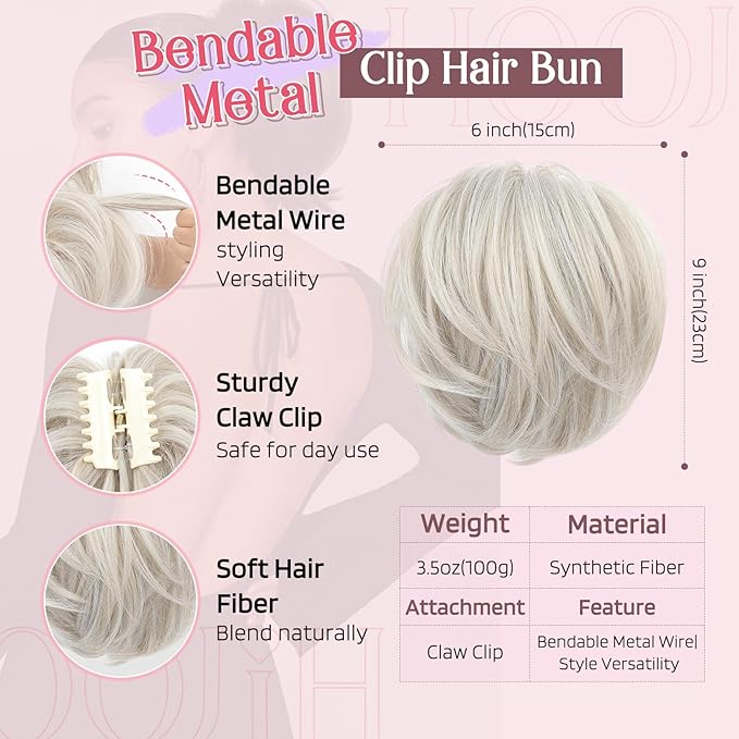 HOOJIH Ponytail Extension, Claw Clip in Straight Messy Hair Bun 9 Inch Short Ponytail with Bendable Metal Wire Hair Pieces for Women Fake Hair Bun DIY Styles - Platinum Gray with Blonde Mixed